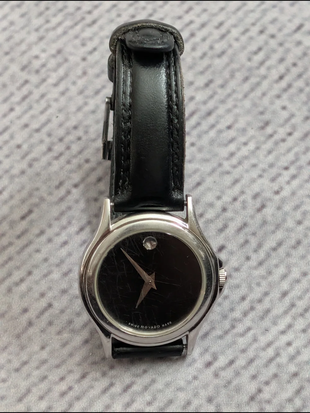 Movado Museum Black Dial Stainless Steel Watch with Black Leather Strap
